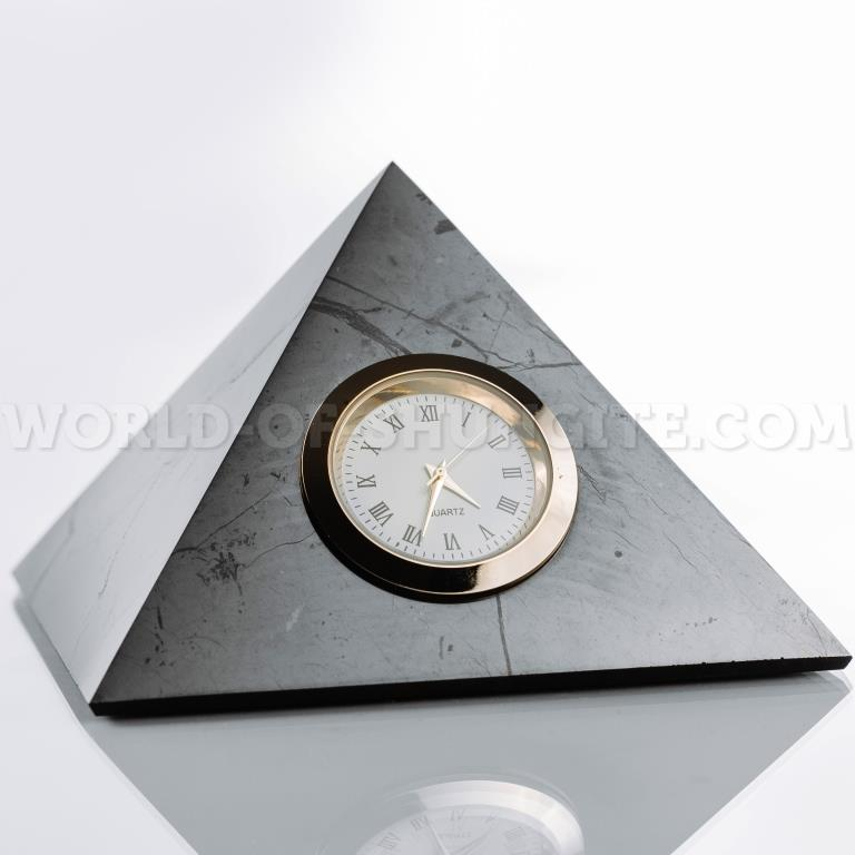 Shungite polished pyramid with clock from Russia