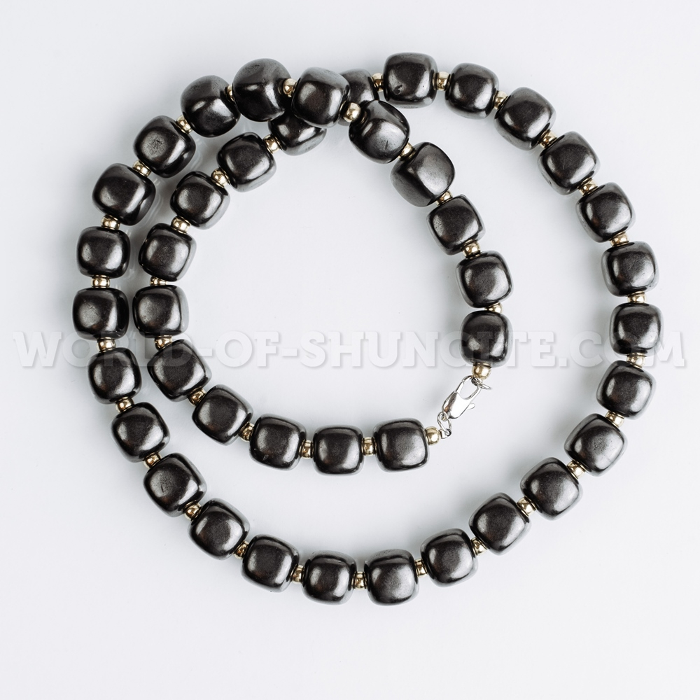 Shungite necklace "Pellet cubes" with goldish glass beads