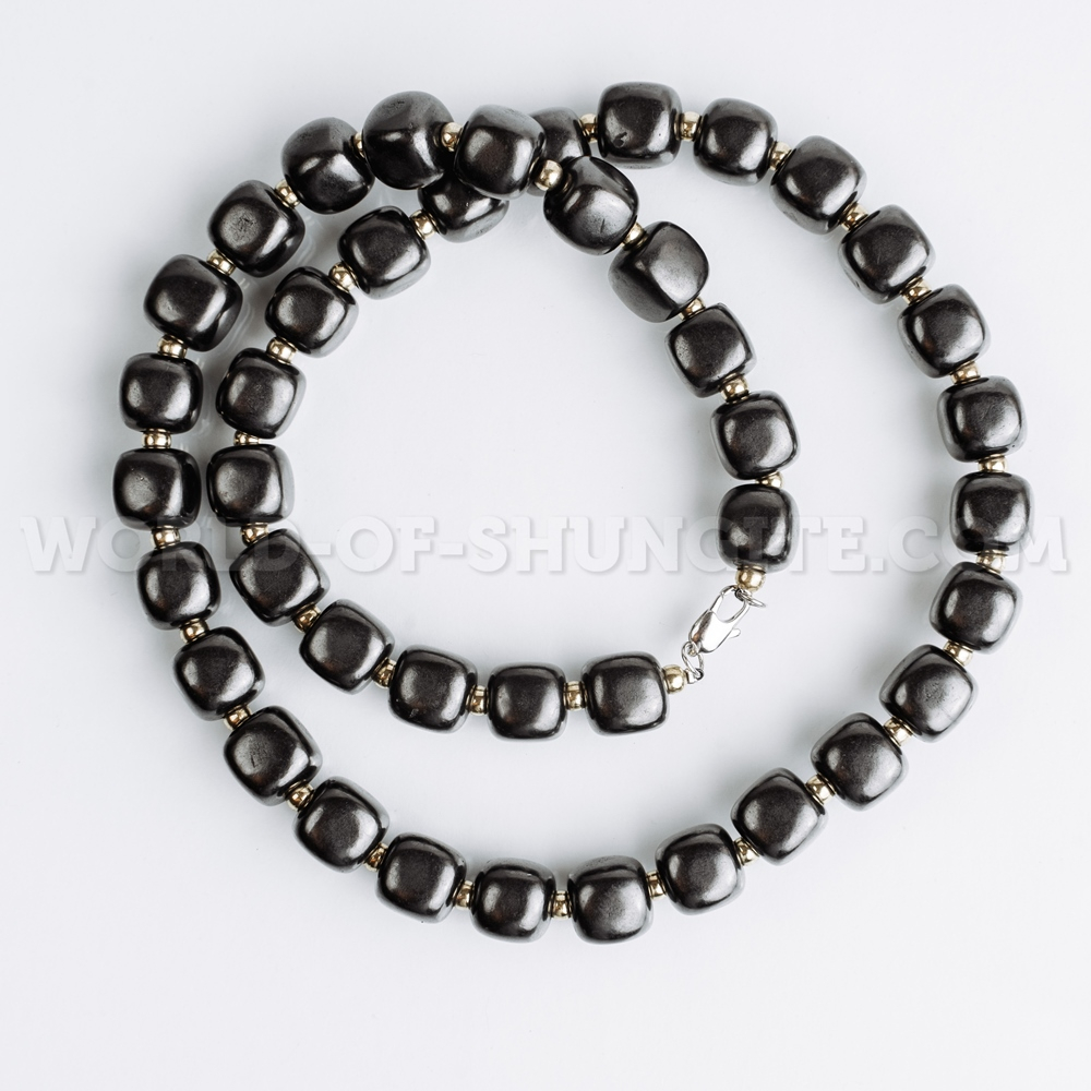 Shungite necklace "Pellet cubes" with goldish glass beads from Russia