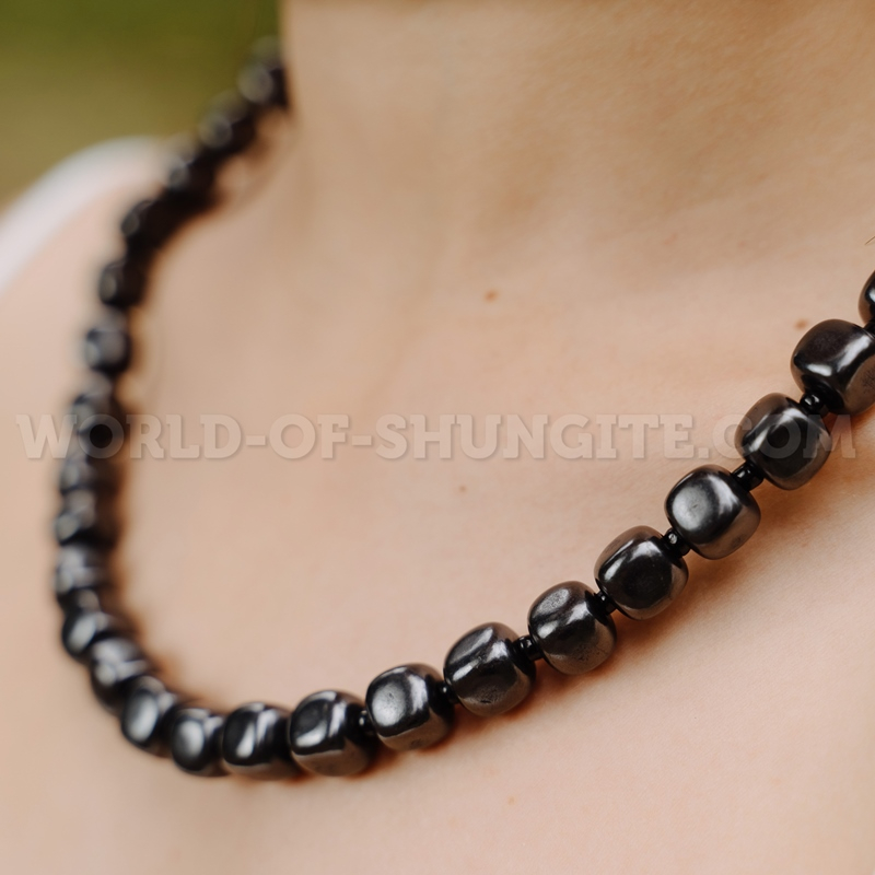 Shungite necklace "Pellet cubes" with black glass beads