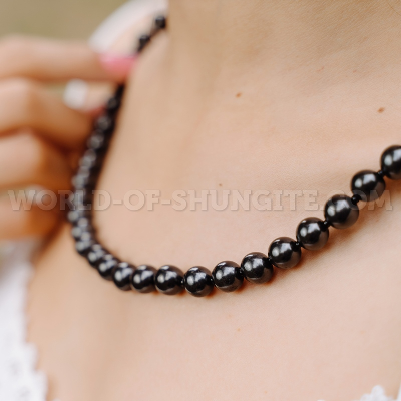Russian Shungite necklace with black glass beads