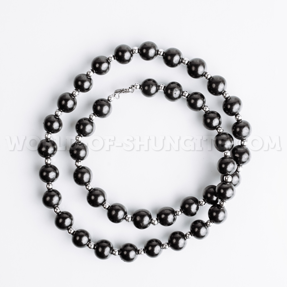 Shungite necklace with silvery glass beads from Russia