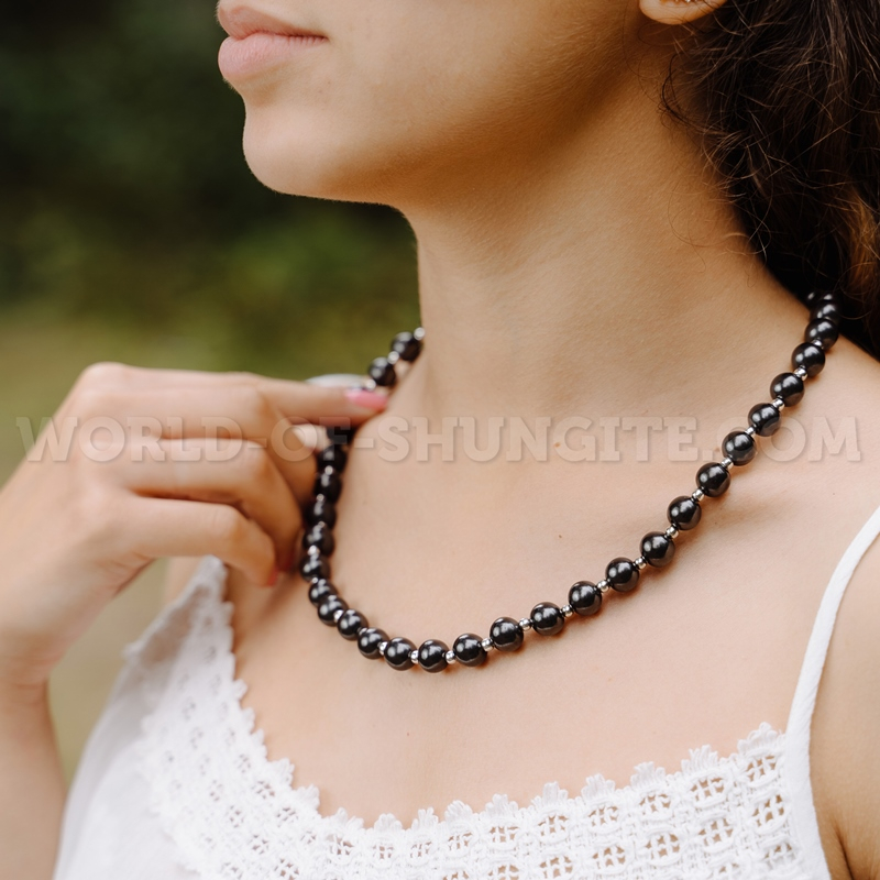 Shungite necklace with silvery glass beads
