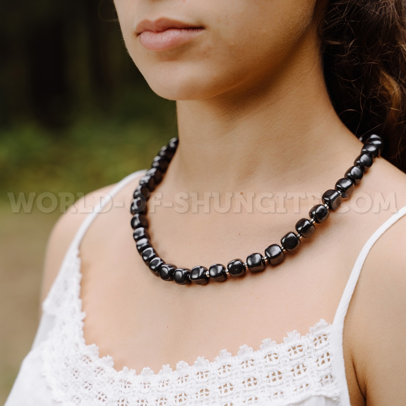 Necklace "Pellet cubes" with silvery glass beads
