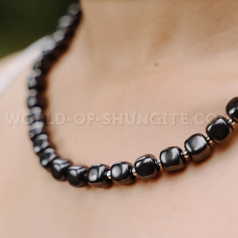 Necklace "Pellet cubes" with silvery glass beads