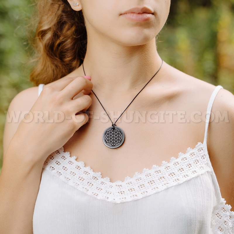 Shungite pendant "Flower of life" (circle) with laser engraving