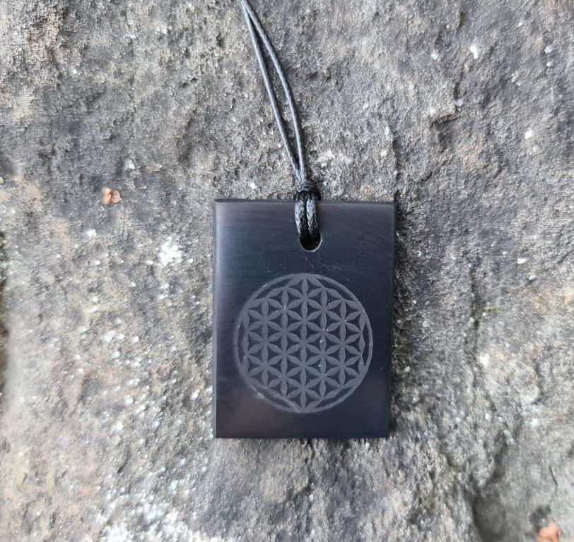 Shungite pendant "THE FLOWER OF LIFE" (rectangular) with laser engraving