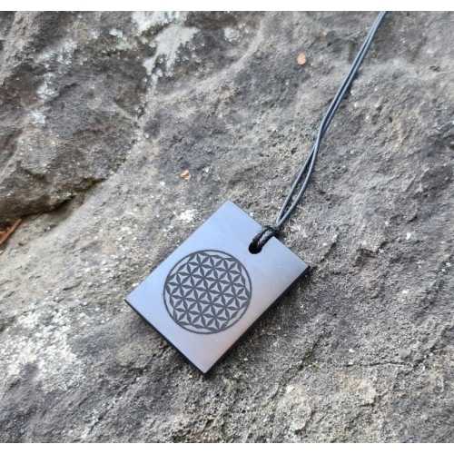 Shungite pendant "THE FLOWER OF LIFE" (rectangular) with laser engraving